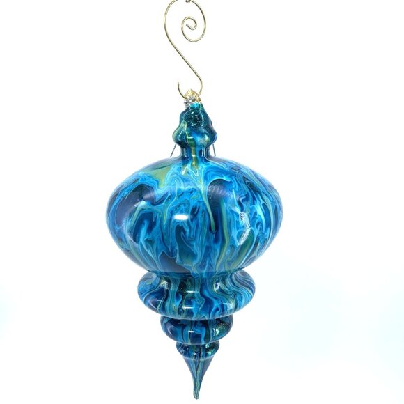Hand-Blown Glass Ornament by Paper Destiny • Blue Green Swirl • Teardrop Finial - Picture 2 of 9